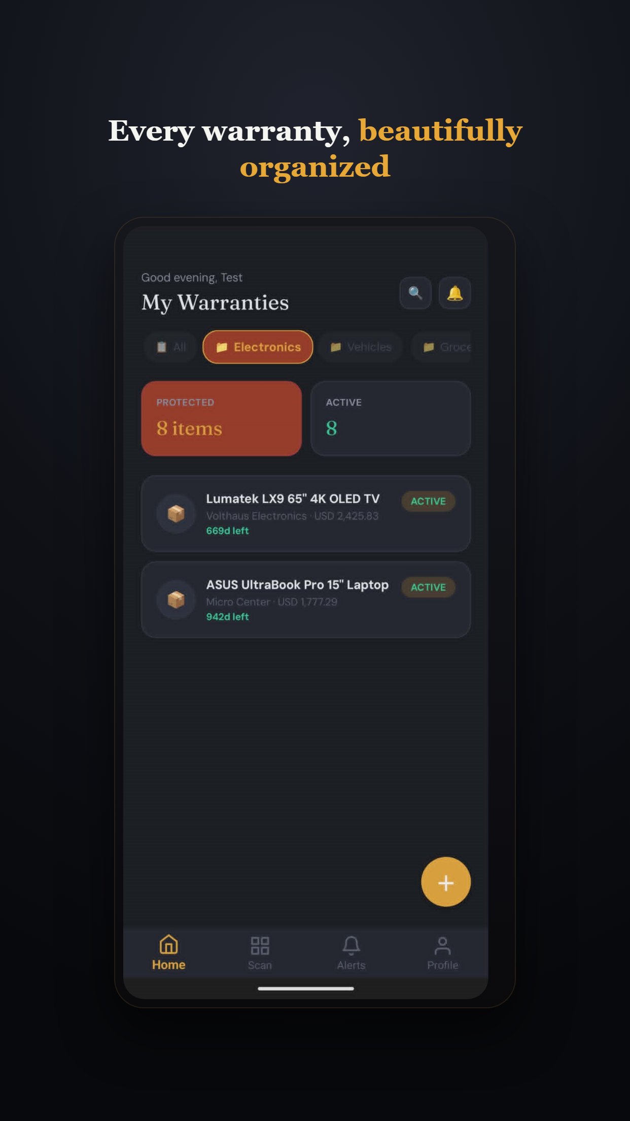Home screen listing tracked warranties with the days remaining on each.