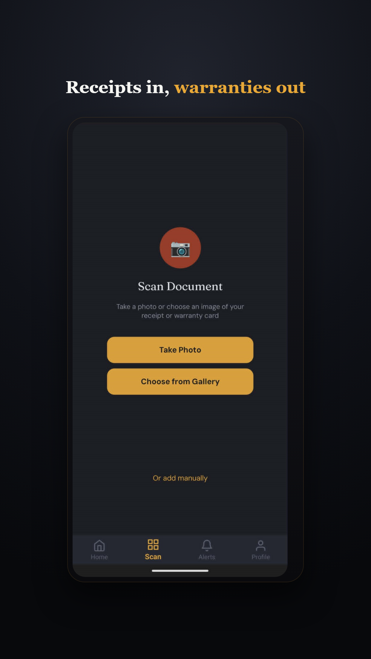The WarrantyWallet scan screen, offering Take Photo or Choose from Gallery to capture a receipt.